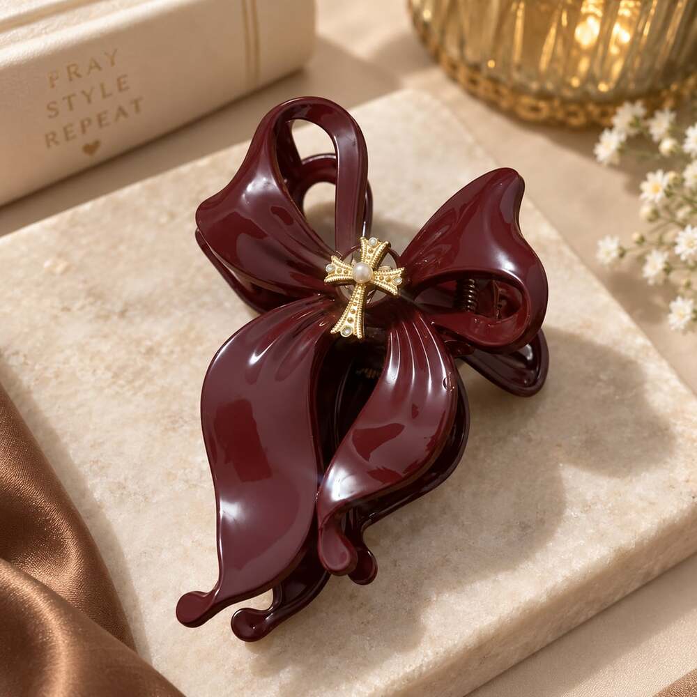 Coquette Burgundy Bow Claw Clip Gold Cross Pearl Hair Accessory